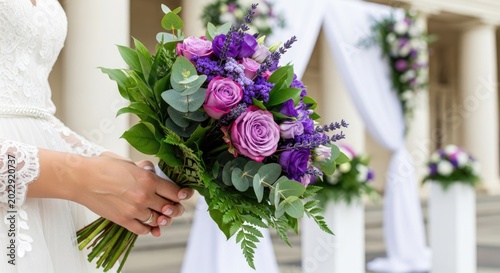 wedding bouquet, purple roses