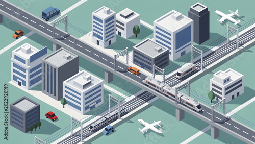 Photos isometric cityscape with white buildings gray roads trains and airplanes urban t