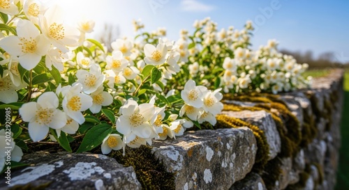 white flowers on stone wall with moss