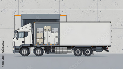 Bilde på lerret white delivery truck with open cargo loading boxes against concrete wall