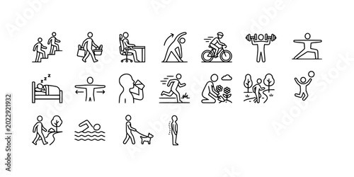Foto Icon set collection of healthy lifestyle activities, physical exercises, wellness routines, and daily habits for maintaining fitness, energy, and overall wellbeing