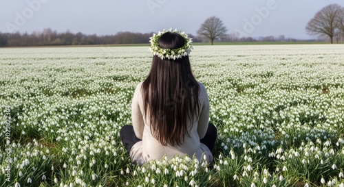 woman in flower crown sitting in white flower field