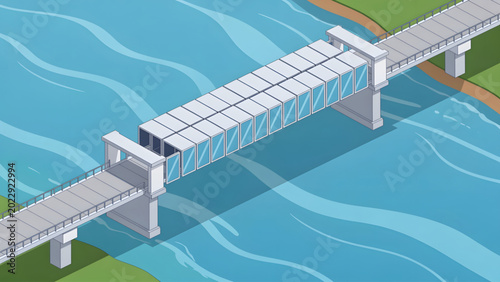 Foto modern white bascule bridge over blue river with geometric shapes and green bank