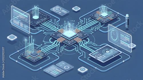 digital circuit board with glowing blue data streams and futuristic holographic interface