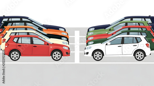 Photos row of colorful compact hatchback cars parked side by side in outdoor lot