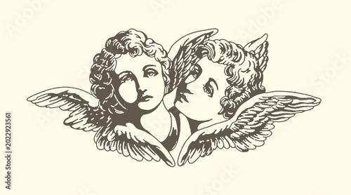 Fotografie Two cherubs with wings line art illustration mythology religious classical cheru