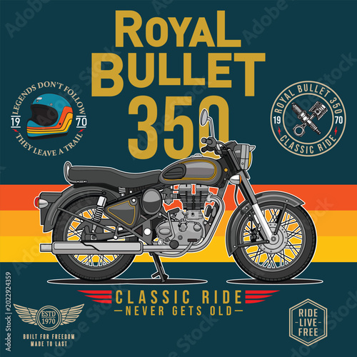 Foto Vintage Vector Illustration Of A Classic Retro Motorcycle Royal Bullet 350, Perfect For T-shirt Design, Wall Poster, Sticker, Custom Motorcycle Shop Branding Element