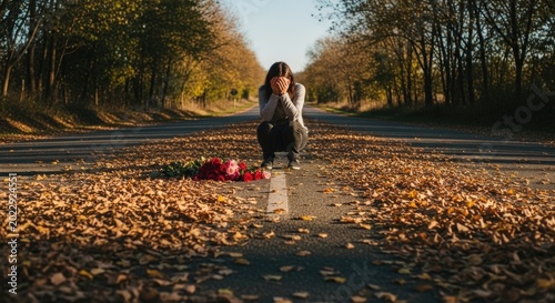 Woman sitting on road with flowers and box in autumn