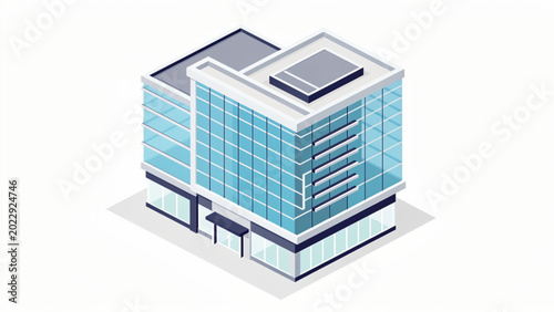 modern glass office building with blue windows and white facade isometric view