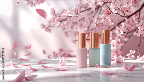 Pastel cosmetic bottles on marble under blooming cherry blossoms