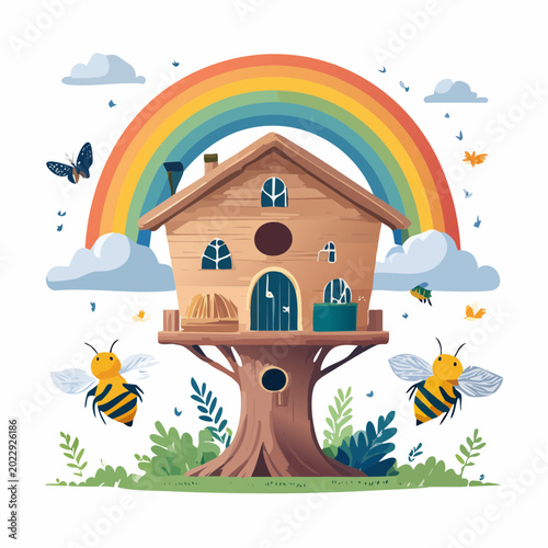 Whimsical Treehouse with Bees and Rainbow