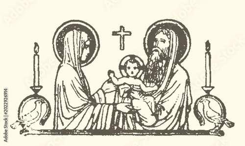Obraz na płótnie Religious icon depicting the holy family with a cross and flanking candle holder