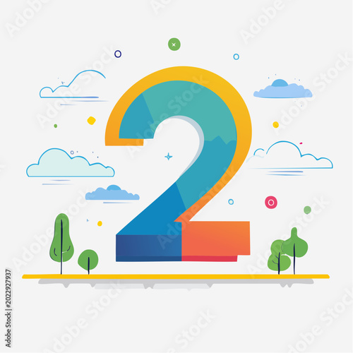 Stylized Number 2 with Clouds and Trees