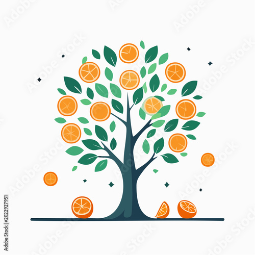 Stylized Orange Tree with Sliced Oranges and Leaves