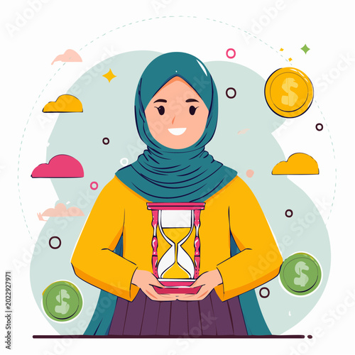 Woman in Hijab Holding Hourglass with Coins and Clouds
