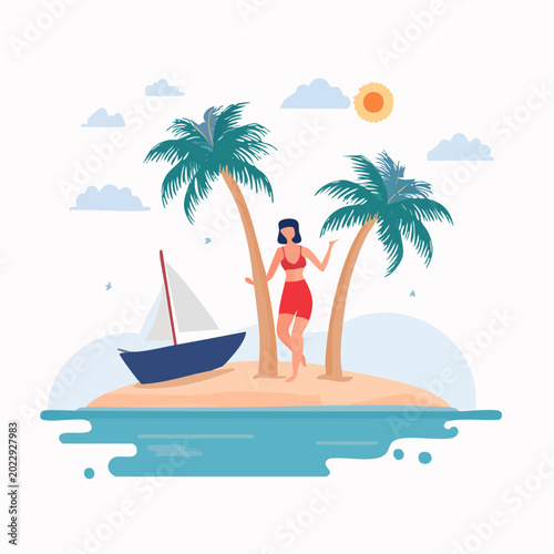 Woman on Tropical Island with Palm Trees and Sailboat