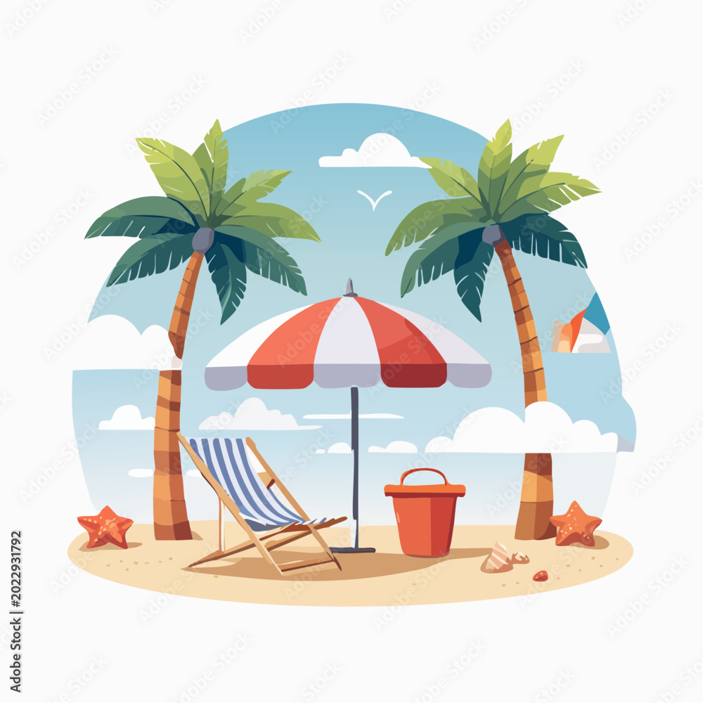 Fototapeta premium Tropical Beach Scene with Palm Trees and Beach Chair
