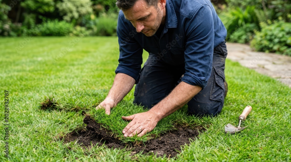 Fototapeta premium Man repairing a damaged patch of grass in a garden, gardening and lawn care concept