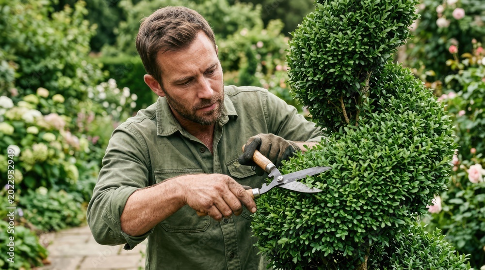 Naklejka premium A man carefully trims a bush in the shape of a bunny, creating a beautiful garden scene