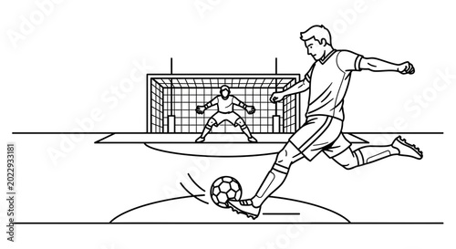 Bild auf Leinwand Soccer Player Kicking Ball Towards Goalie in Net