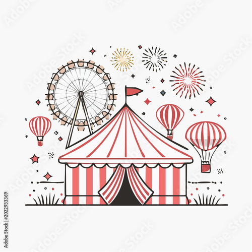 Carnival Scene with Tent, Ferris Wheel, Hot Air Balloons, and Fireworks