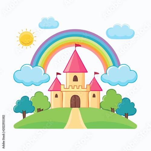 Cartoon Castle with Rainbow and Sun