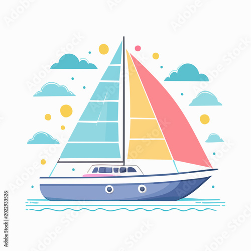 Colorful Sailboat Illustration with Clouds and Sun