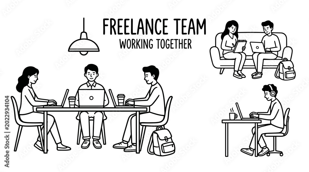 Fototapeta premium Freelance team working together on laptops.