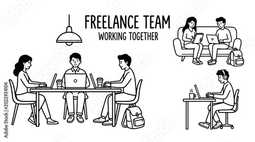 Freelance team working together on laptops.