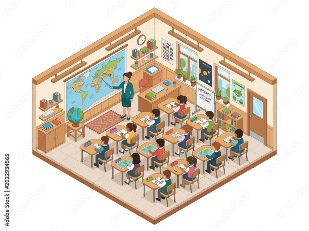 Obraz premium A vibrant isometric illustration depicting a lively classroom scene with a teacher educating young students about geography