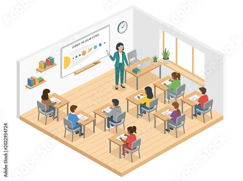 Illustration of a teacher educating students in a classroom setting with a whiteboard displaying a solar system diagram, fostering a learning environment