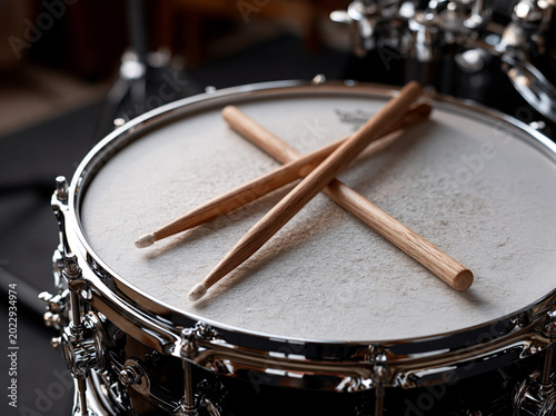 Wooden Drumsticks Resting on Snare Drumhead with Dark Musical Equipment Background