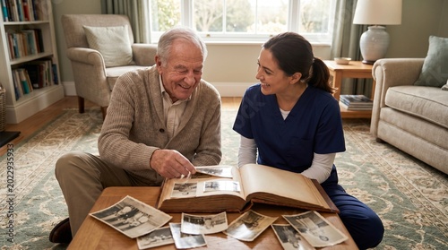 Caregiver looks through an old photo album with a happy senior man to help him reminisce about cherished memories in his living room.