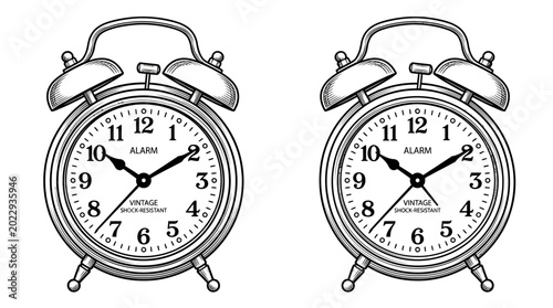 Line drawing of two identical alarm clocks side by side with white faces and black details on a plain white background.