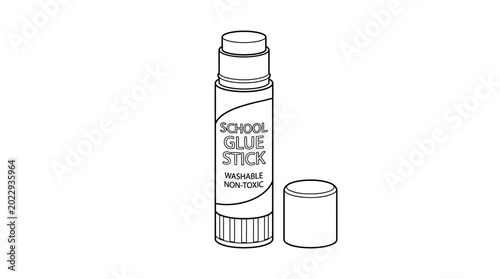 A black and white line drawing of a school glue stick with its cap off to the side on a plain white background.