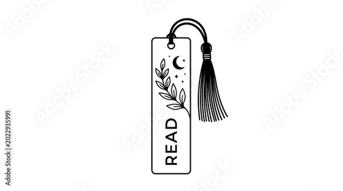 Black and white illustration of a bookmark with READ text, tassel, and leaf design on a white background.