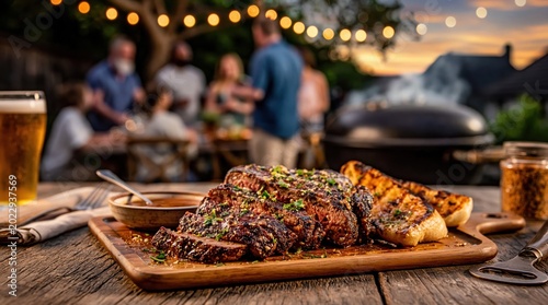 Close up of perfectly grilled steak served on wooden board, with beer and gathering of people in background.