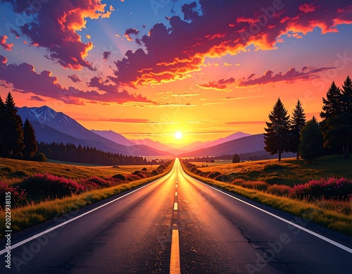 A mesmerizing landscape with a road leading towards a vibrant sunset, bordered by forests and mountains. Glowing sky