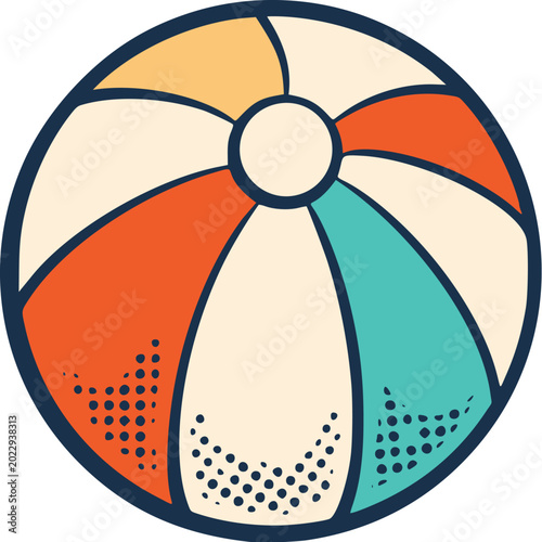 Retro beach ball illustration with orange, teal, and cream panels, bold navy outline, circular center, and vintage halftone texture on white background