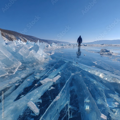 Solitary Person Walking on Clear Blue Ice in Bright Winter Landscape