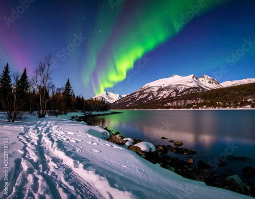 A mesmerizing nightscape of the Northern Lights dancing above snow-capped mountains and a calm lake. Footprints lead the way