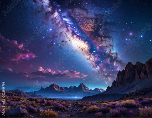 A mesmerizing panorama showcases cosmic wonders. A vibrant, swirling galaxy fills the vast night sky over majestic mountains and a desert terrain