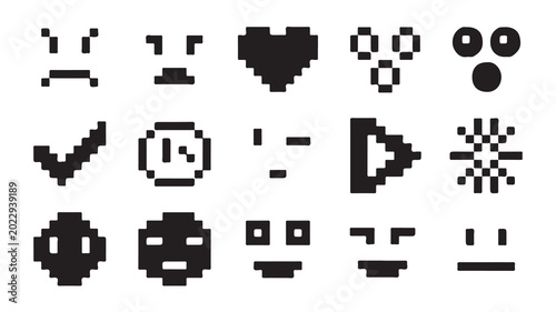 Foto Minimalist pixelated face elements and functional icons for retro digital gaming interfaces