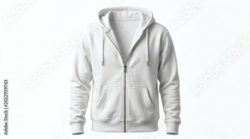 Blank White Zip Up Hoodie Mockup Front Partially Open Zipper Cotton Texture Studio Lighting
