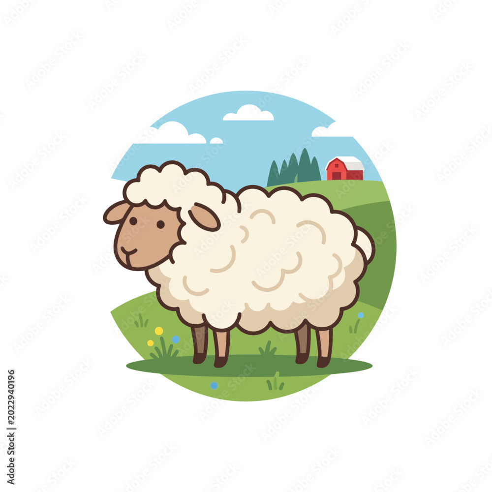 Obraz premium A cute sheep stands in a green field with a barn