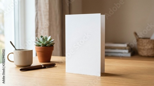 White Greeting Card Mockup Standing Upright Premium Paper Texture Soft Daylight Shadows Minimal Desk
