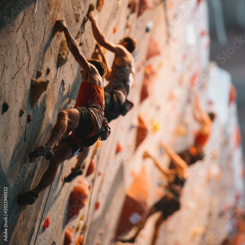 Climbers on Indoor Rock Wall in Gym with Bright Lighting and Colorful Holds