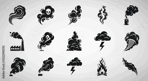 Canvastavla The image depicts various smokestack emissions and natural disasters like hurricanes and lightning bolts