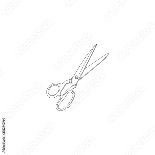 Black outline drawing of sharp tailor scissors isolated on white background