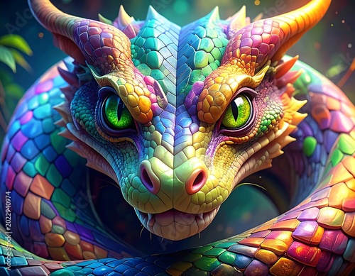 A mesmerizing, vibrant dragon face, coiled and colorful, with striking green eyes, set against lush foliage